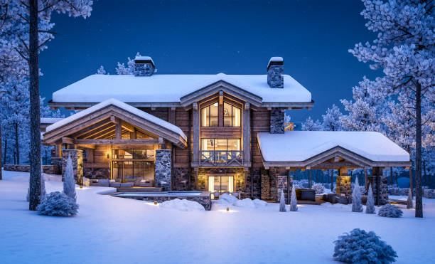 istock 3d rendering of modern cozy chalet in winter night 1349170428