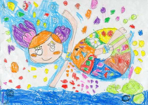 Child's Drawing - Little girl swimming stock photo