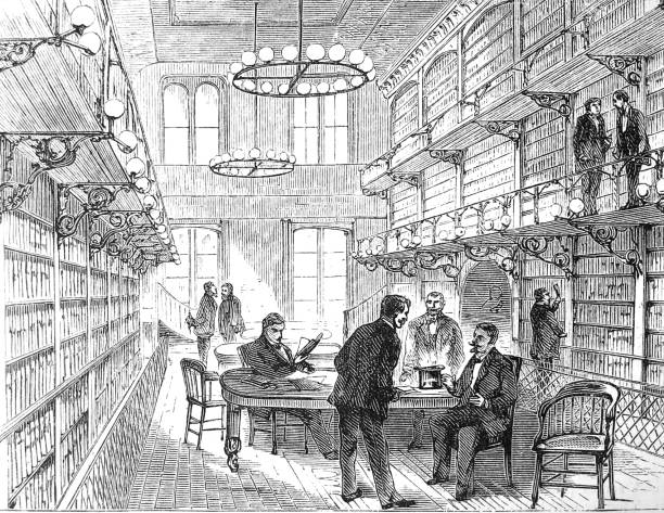 Antique illustration - Harper's Magazine - library in the New York YMCA in the 1870's vector art illustration