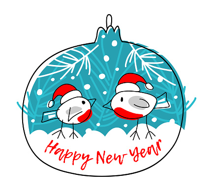 Bullfinches and Christmas tree toy. Stylized bullfinches in a Santa Claus hat sit in a Christmas tree toy on a blue background. Funny doodles on a New Year's theme.
