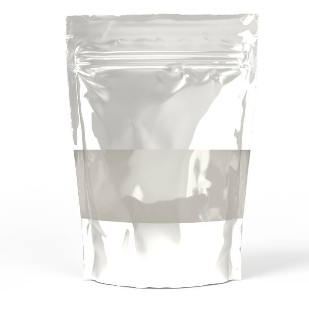 istock Silver aluminium foil doypack stand up packaging pouch with zipper on white background with clear window 1349173994