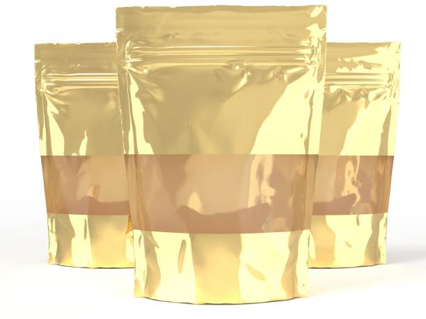 istock Gold foil doypack stand up packaging pouch with zipper on white background with clear window 1349174400