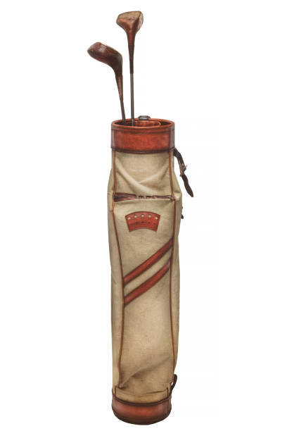 weathered golf bag with two wooden clubs isolated on white - 哥爾夫球袋 個照片及圖片檔