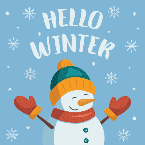 ilustrações, clipart, desenhos animados e ícones de olá inverno. cartão de saudação com boneco de neve e flocos de neve. boneco de neve em um chapéu, cachecol e luvas se alegra com a chegada do inverno. ilustração vetorial em estilo desenho animado. - snowman