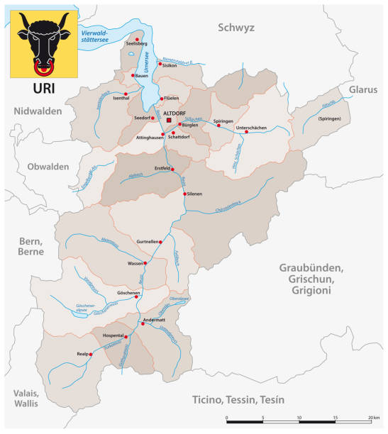 wektorowa mapa administracyjna szwajcarskiego kantonu uri z flagą - berne canton stock illustrations