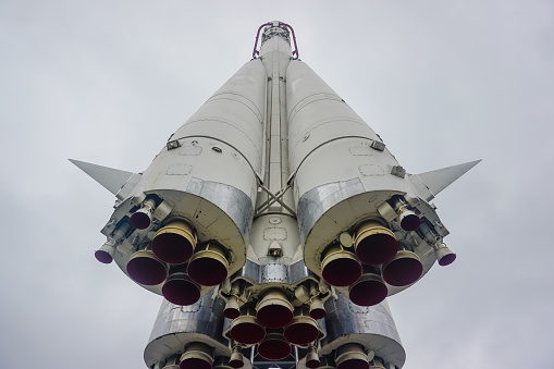 Space rocket in VDNKh park in Moscow. Beautiful architecture in Russia
