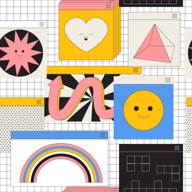 бесшовный узор с комическими мультяшными лицами и красочными ге�ометрическими фигурами с контуром. бесконечная текстура в модном стиле 80-х  - pop art rainbow backgrounds abstract stock illustrations