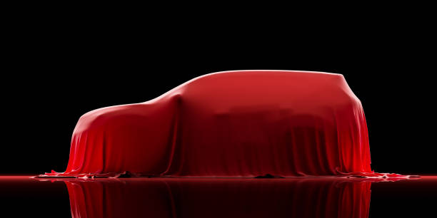 The SUV car is covered with red cloth on a black background. Side view. 3d rendering