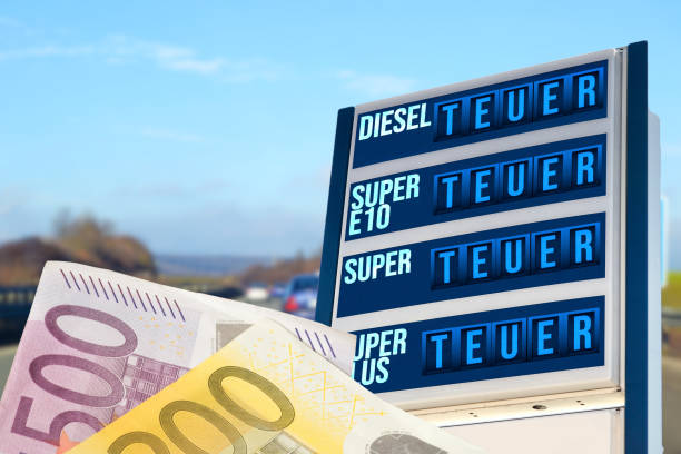 Euro banknotes, motorway and petrol station with expensive fuel stock photo