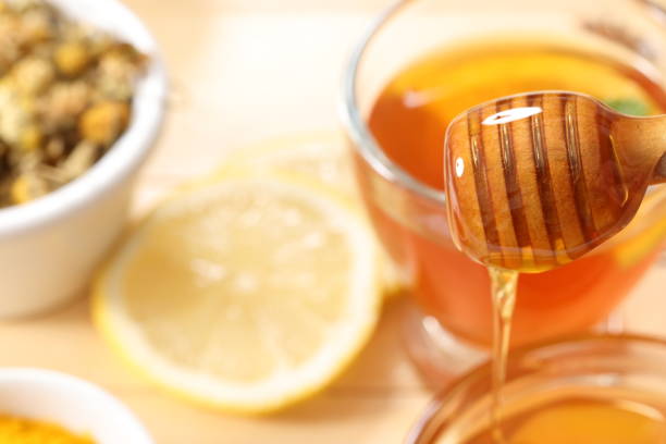 꿀 디퍼 - mint tea lemon tea leaves glass 뉴스 사진 이미지