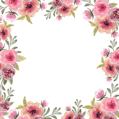 frame with delicate rose flowers watercolor illustration, hand painted