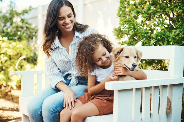 снимок матери и дочери, проводящих время вместе со своей собакой - family dog happiness pets стоковые фото и изображения