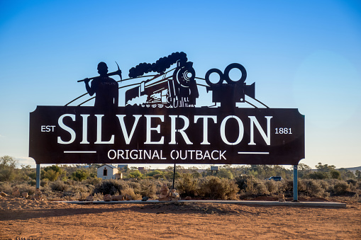 Silverton, Australia 2018-07-11 Welcome road sign on entrance to historical town of Silverton located near Broken Hill, New South Wales, Australia