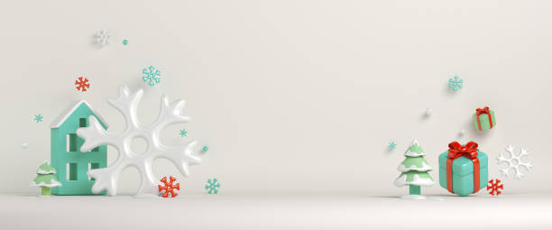 istock Winter decoration background with house building, gift box, snowflakes, copy space text, 3D rendering illustration 1349183483