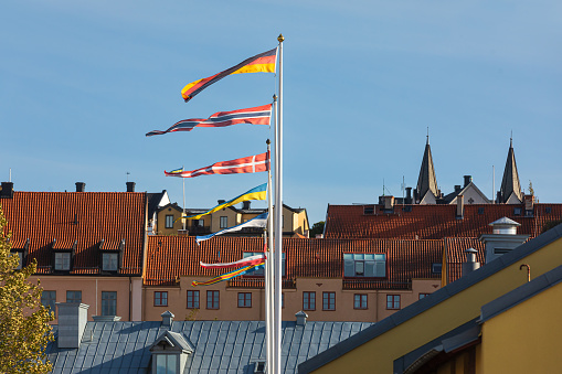 Visby, Gotland, Sweden- Oct 1, 2021: Flags of different countries and roofs of the old ancient city Visby, Gotland, Sweden