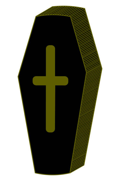 istock Coffin. Silhouette with gold trim. Vampire sarcophagus. Vector illustration. Isolated white background. Gold cross emblem on the lid. Religious symbol. Crucifixion. Halloween. 1349185093