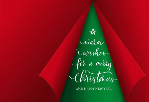 istock Christmas red paper sheet with curled corners as tree. Curled page corner with shadow and lettering. 1349187317