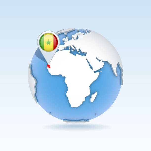 сенегал - карта страны и флаг, расположенный на глобусе, карта мира. - senegal africa vector illustration and painting stock illustrations