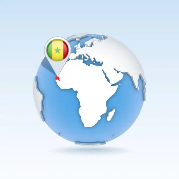 Vector illustration of Senegal - country map and flag located on globe, world map.