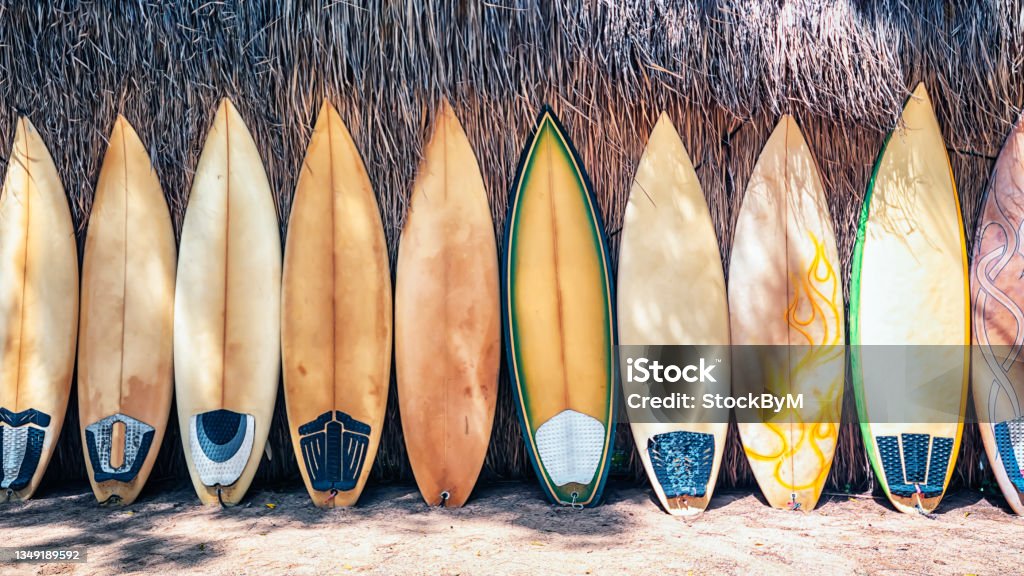 Surfboard ready to use in Thailand Surfboard on the wall Surfing Stock Photo
