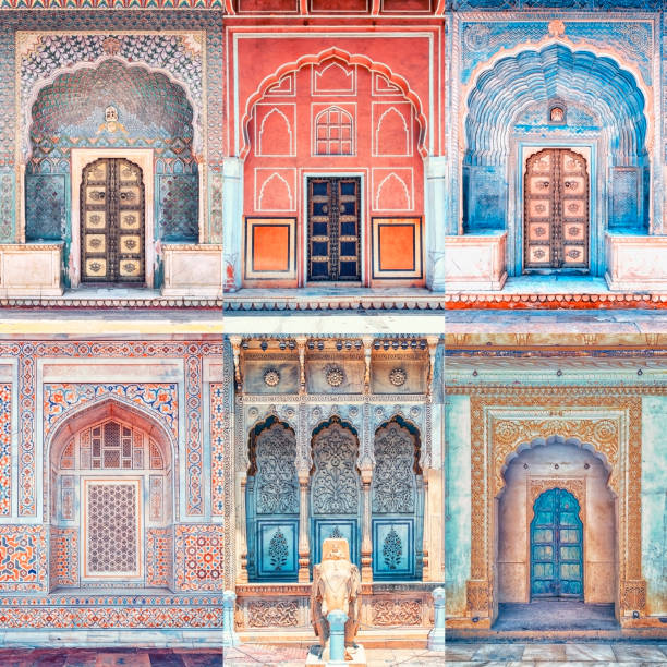 Architecture in Rajasthan Rajasthan's doors and architecture collage facade store old built structure stock pictures, royalty-free photos & images