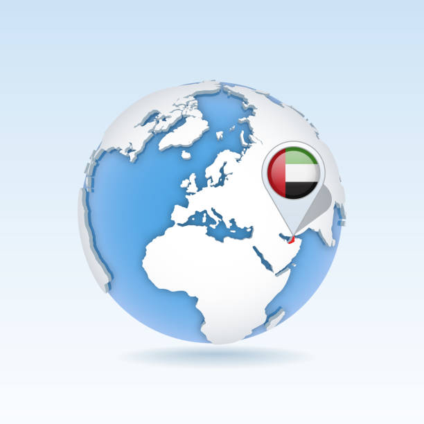 United Arab Emirates - country map and flag located on globe, world map. United Arab Emirates - country map and flag located on globe, world map. 3D Vector illustration united arab emirates flag map stock illustrations