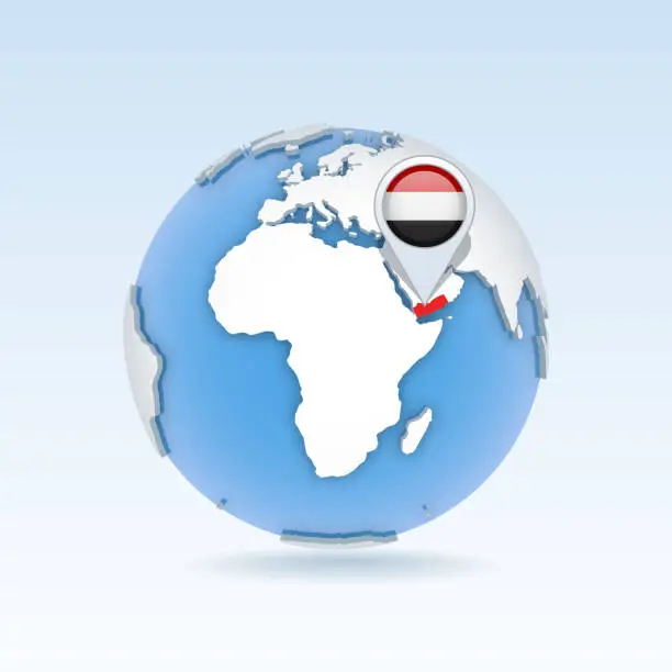 Vector illustration of Yemen - country map and flag located on globe, world map.