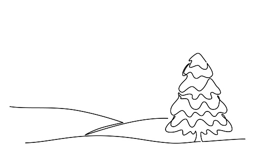 Winter Landscape with Fir Outline Vector Illustration. Snow covered spruce among hills. Template for greeting cards, posters, websites