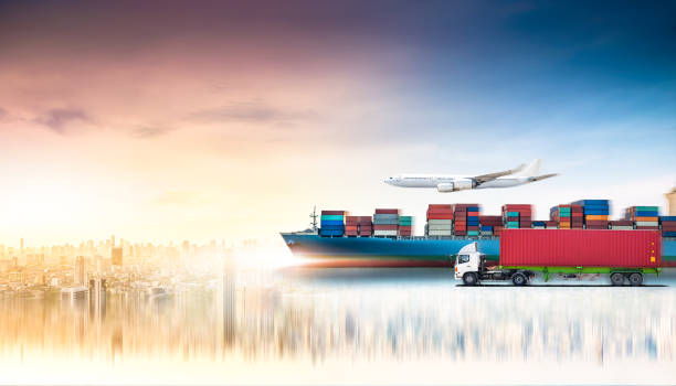 istock Business logistics and transportation concept of containers cargo freight ship and cargo plane in shipyard at dramatic blue sky, logistic import export and transport industry background 1349191772