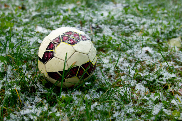 istock Ball on green grass covered with fresh snow 1349191866