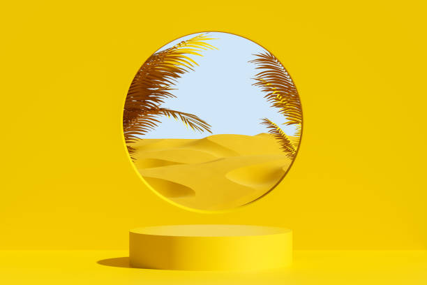 istock Shop window scene with empty podium stage for presentation. Abstract yellow background with round hole and desert view. 3d rendering. 1349191905