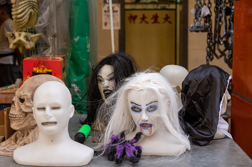 Hong Kong - October 26, 2021 : Halloween theme products at a stall for the upcoming Halloween in Sham Shui Po, Kowloon, Hong Kong.