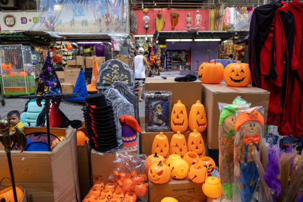 Hong Kong - October 26, 2021 : Halloween pumpkin ornaments at a stall for the upcoming Halloween in Sham Shui Po, Kowloon, Hong Kong.
