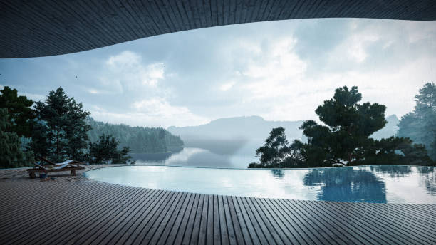 à beira da piscina de um luxuoso resort turístico com piso de madeira - autumn sky nobody lake - fotografias e filmes do acervo