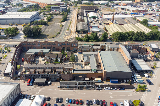 Salford, Manchester, England, UK - Wide angle aerial view of the Coronation Street set. Coronation Street is a long running British soap first aired in December 1960.