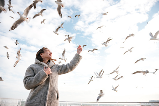Happy woman standing and looking at seagulls in the sky