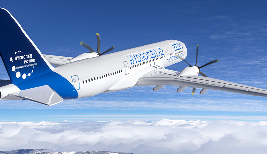 Hydrogen filled H2 propeller Airplane flying in the sky - future H2 energy concept. 3d rendering