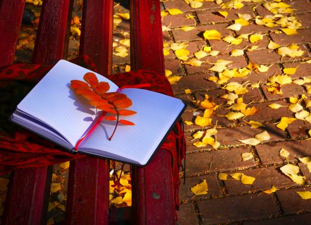 istock Open notepad on a bench in an autumn park. 1349195164