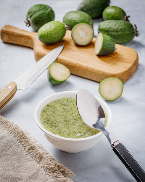 istock Fresh exotic feijoa fruits on a table, feijoa jam 1349198757