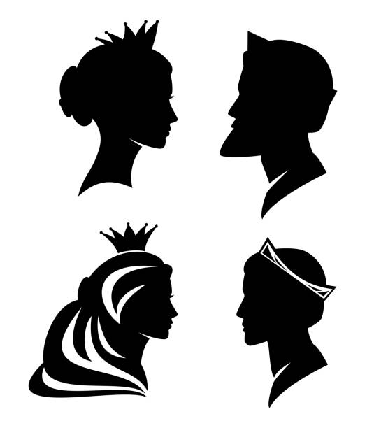 ilustrações, clipart, desenhos animados e ícones de membros da família real vestindo coroa perfil cabeças vetor silhueta conjunto - silhouette women black and white side view