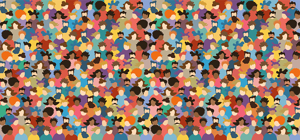 Multicultural Crowd of Abstract People. Group of different men and women. Young, adult and older peole. European, Asian, African and Arabian People. Empty faces. Vector illustration.
