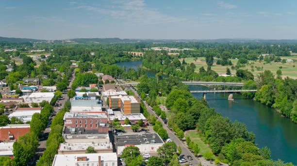 Drone View of Willamette River Flowing Through Corvallis, Oregon