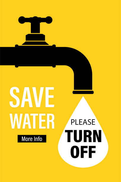 Save water, landing page template. Black silhouette of water tap, large white drop with text. Ecology problems. Save water, landing page template. Black silhouette of water tap, large white drop with text. Ecology problems. Irreplaceable natural resources of planet. Part of pipe with valve. Vector illustration full term stock illustrations