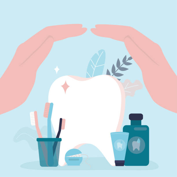 Hands protect tooth from disease. Various tools for oral hygiene. Concept of dental insurance and healthcare Hands protect tooth from disease. Various tools for oral hygiene. Concept of dental insurance and healthcare. Dental care and protection. Toothbrush, paste and dental floss. Flat vector illustration toothbrush toothpaste backgrounds beauty stock illustrations