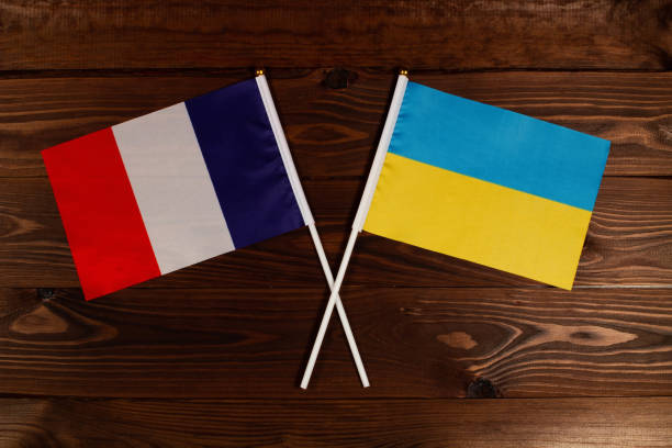 bandera de francia y bandera de * cruzadas entre sí. la imagen ilustra la relación entre los países. fotografía para noticias en video en tv y artículos en internet y medios de comunicación. - president of france fotografías e imágenes de stock