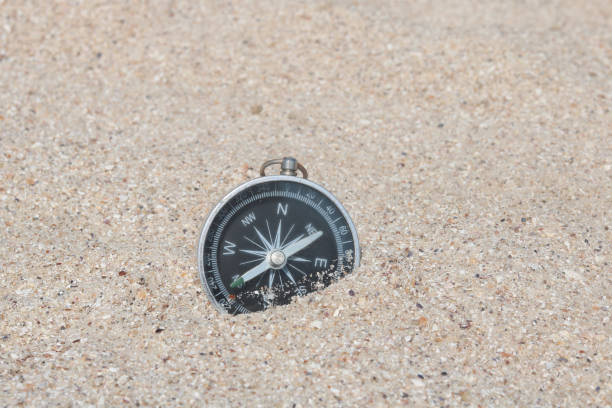 istock Classic navigation compass on beach as symbol of tourism with compass, travel with compass and outdoor activities 1349207247