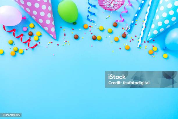 Multicolored Party Or Birthday Accessories Frame Stock Photo - Download Image Now - Birthday, Backgrounds, Carnival - Celebration Event