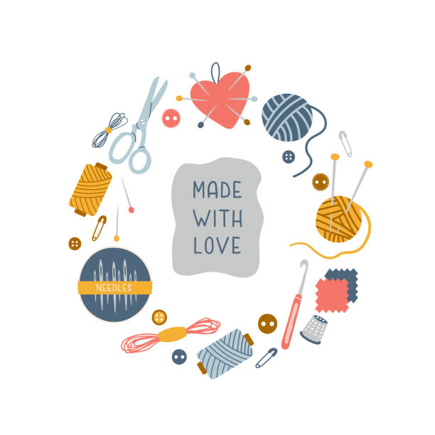 ilustraciones, imágenes clip art, dibujos animados e iconos de stock de hecho con texto de amor en marco redondo con herramientas dibujadas a mano de costura aisladas sobre fondo blanco - botón mercería