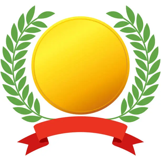 Vector illustration of Green laurel wreath, red ribbon and gold medal