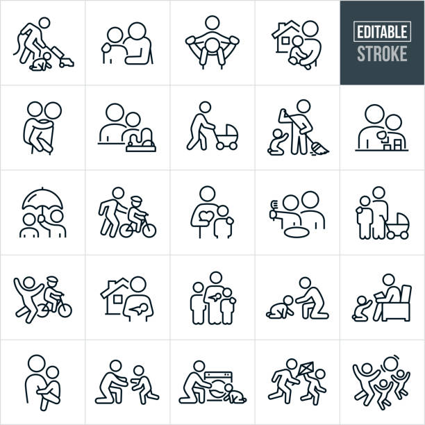 Nanny Thin Line Icons - Editable Stroke A set of nanny icons that include editable strokes or outlines using the EPS vector file. The icons include a nanny vacuuming while a baby crawls nearby on floor, nanny with arm around shoulder of child, babysitter giving child a piggy back ride, babysitter holding child on hip, nanny giving child a piggy back ride, nanny using toys to play with child, babysitter pushing child in stroller, nanny sweeping and doing housework with child begging for attention, child stacking blocks with babysitter, nanny holding umbrella overhead of child, nanny teaching a child to ride a bike, nanny helping child brush teeth, nanny taking care of three children, baby crawling to babysitter, babysitter doing homework while baby reaches up to be picked up, child running into the arms of a nanny, baby crawling to nanny who is doing laundry, nanny flying a kite with a child in her care and a nanny playing ball with two children. child care stock illustrations
